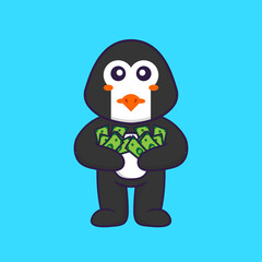 Cute penguin holding money. Animal cartoon concept isolated. Can used for t-shirt, greeting card, invitation card or mascot. Flat Cartoon Style