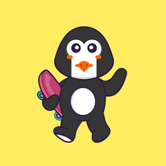 Cute penguin holding a skateboard. Animal cartoon concept isolated. Can used for t-shirt, greeting card, invitation card or mascot. Flat Cartoon Style