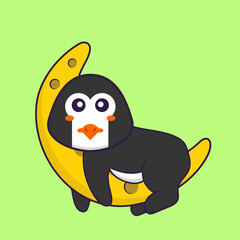 Cute penguin is on the moon. Animal cartoon concept isolated. Can used for t-shirt, greeting card, invitation card or mascot. Flat Cartoon Style