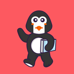 Cute penguin holding a book. Animal cartoon concept isolated. Can used for t-shirt, greeting card, invitation card or mascot. Flat Cartoon Style