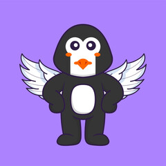 Cute penguin using wings. Animal cartoon concept isolated. Can used for t-shirt, greeting card, invitation card or mascot. Flat Cartoon Style