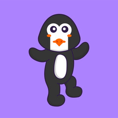 Cute penguin is dancing. Animal cartoon concept isolated. Can used for t-shirt, greeting card, invitation card or mascot. Flat Cartoon Style