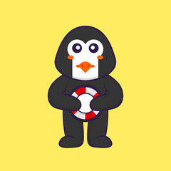 Cute penguin holding a buoy. Animal cartoon concept isolated. Can used for t-shirt, greeting card, invitation card or mascot. Flat Cartoon Style