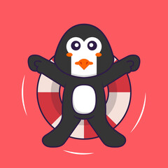 Cute penguin is Swimming with a buoy. Animal cartoon concept isolated. Can used for t-shirt, greeting card, invitation card or mascot. Flat Cartoon Style