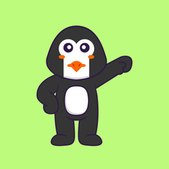 Cute penguin hero. Animal cartoon concept isolated. Can used for t-shirt, greeting card, invitation card or mascot. Flat Cartoon Style
