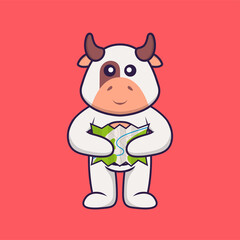 Cute cow holding a map. Animal cartoon concept isolated. Can used for t-shirt, greeting card, invitation card or mascot. Flat Cartoon Style