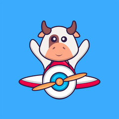 Cute cow flying on a plane. Animal cartoon concept isolated. Can used for t-shirt, greeting card, invitation card or mascot. Flat Cartoon Style