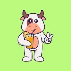 Cute cow holding orange juice in glass. Animal cartoon concept isolated. Can used for t-shirt, greeting card, invitation card or mascot. Flat Cartoon Style