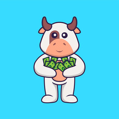 Cute cow holding money. Animal cartoon concept isolated. Can used for t-shirt, greeting card, invitation card or mascot. Flat Cartoon Style