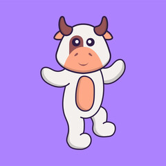 Obraz na płótnie Canvas Cute cow is dancing. Animal cartoon concept isolated. Can used for t-shirt, greeting card, invitation card or mascot. Flat Cartoon Style