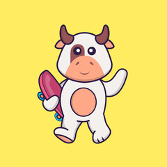 Cute cow holding a skateboard. Animal cartoon concept isolated. Can used for t-shirt, greeting card, invitation card or mascot. Flat Cartoon Style