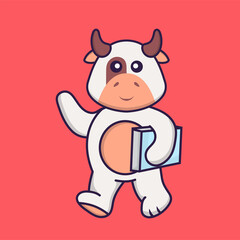 Cute cow holding a book. Animal cartoon concept isolated. Can used for t-shirt, greeting card, invitation card or mascot. Flat Cartoon Style