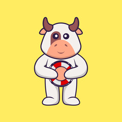 Cute cow holding a buoy. Animal cartoon concept isolated. Can used for t-shirt, greeting card, invitation card or mascot. Flat Cartoon Style