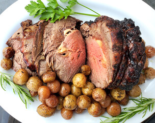 Roast beef dinner with roasted potatoes and herbs