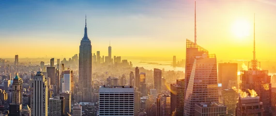Plexiglas foto achterwand Luchtfoto van New York City Manhattan bij zonsondergang © sborisov