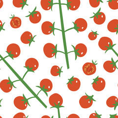 Cherry tomato pattern. Fresh juicy summer print for kitchen. Flat hand drawn tiny tomatoes and branches with textured details. Cute simple vegetable background.