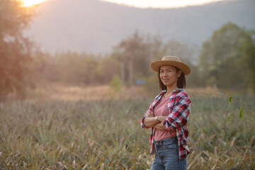 .Asian female farmer see growth of pineapple in farm, Young pretty farmer woman standing on farmland with crossed arms. Organic farmer checking, agriculture business concept.