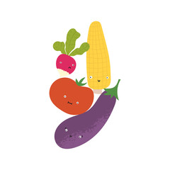 Vegetable balance print. Funny veggies with cute faces in vertical stack: eggplant, tomato, corn, radish. Healthy eating concept for t-shirt or tote bag.