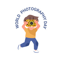 World Photography day vector illustration. Happy kid with camera taking photo.