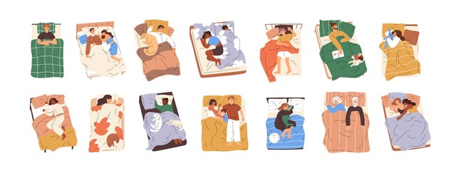 Set of different people lying under blankets, sleeping and dreaming in beds. Asleep couples, families, alone man and woman, child with toy. Bedtime concept. Flat vector illustration isolated on white