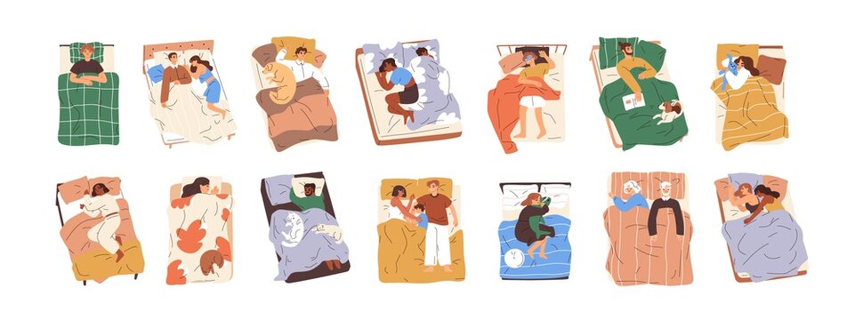 Set of different people lying under blankets, sleeping and dreaming in beds. Asleep couples, families, alone man and woman, child with toy. Bedtime concept. Flat vector illustration isolated on white