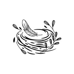 line art of nest with grass and feathers. nest logo concept. 