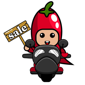 red chili mascot costume character cartoon vector holding a selling board and riding a motorbike