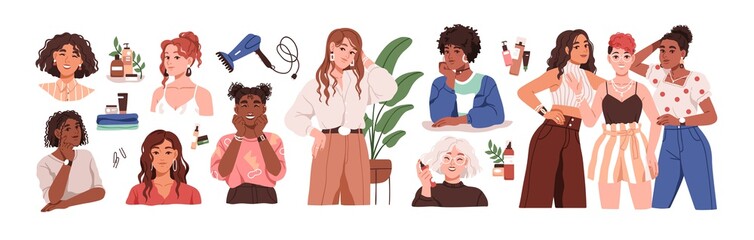 Set of woman and girls with beautiful hair with curls, beauty cosmetic products for Curly Girl Method. Women with coils, wavy and afro hairstyles. Flat vector illustration isolated on white background