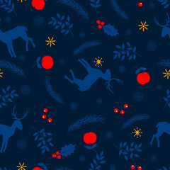 Merry Christmas and Happy New Year seamless pattern. Floral, botanical design with deer and winter plants. Endless print, background for wrapping paper, holiday decor, wallpaper, fabric, textile