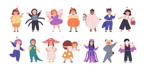 Set of kids disguised in funny and scary costumes for Halloween party. Happy children dressed in carnival clothes. Cute girls and boys in festival outfit. Flat vector illustration isolated on white