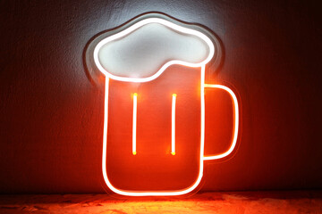 White and orange neon sign glass of beer. Trendy style. Neon sign. Custom neon. Summer vibe.