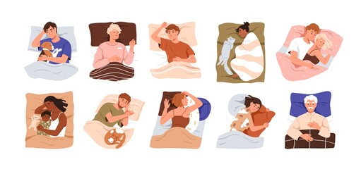 Set of happy people lying with pillows and blankets, sleeping alone and in couple in beds. Asleep men and women. Deep dream and bedtime concept. Flat vector illustration isolated on white background
