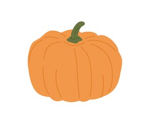 Round-shaped pumpkin with stem. Autumn orange vegetable. Fresh fall squash for Halloween holiday. October food. Natural healthy pumkin. Flat vector illustration of whole veggie