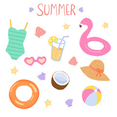 Set of isolated summer beach elements on white background.