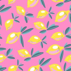 Fototapeta na wymiar Lemons on pink, seamless vector pattern. Bright yellow lemons with green leaves on a bright pink background. For textile, print, packaging.