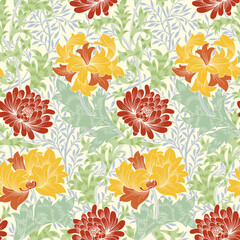 Floral seamless pattern with big red and yellow flowers on light green foliage background. Vector illustration. - 443849536