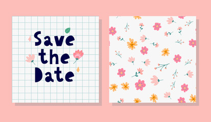 Charming Save the Date Lovely spring concept card. Awesome flowers and birds made in watercolor technique. Bright romantic card with summer flowers in vector background