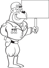 Black and white illustration of a smiling gorilla dressed as a general and holding a sign.