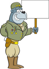 Cartoon illustration of a smiling gorilla dressed as a general and holding a sign.