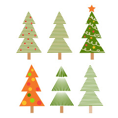 set of christmas trees. Hand drawing winter background with fir tree, Christmas ornaments, stars and snowflakes
