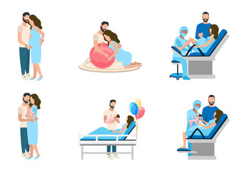 Fototapeta na wymiar Partner childbirth vector set. The husband supports his wife during labor and childbirth. Pregnant in the delivery room. The paradise of the birth of a child. Obstetrics and gynecology.