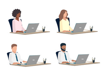 Men and women of different nationalities work or study with a laptop. Support, business, online sales, training. Set of vector illustrations isolated on white background.