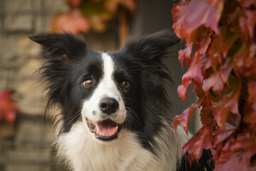 Border collie is sitting in autumn nature. She is so cute dog.