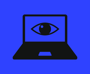 Blue light vector illustration. Computer with eye icon.