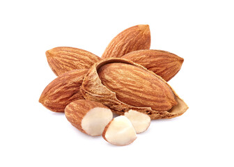 Almonds in closeup isolated on white background. Nuts isolated.
