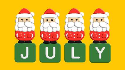 Christmas in July, the 3D image of four Santa Clauses placed on a dark green square with JULY lettering inside, on a yellow background.