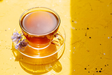 a glass mug with a chicory drink. A blue chicory flower floats in a cup with a drink