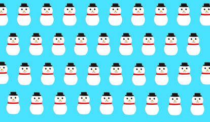 3D image of several snowmen arranged in horizontal rows of the same level on a light blue background, background texture, visual concept to use as gift wrap.