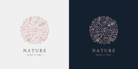 Vector linear plant logo. Circle luxury organic emblem. Abstract badge for natural products, flower shop, cosmetics, ecology concepts, health, spa, yoga center. Leaves and florals