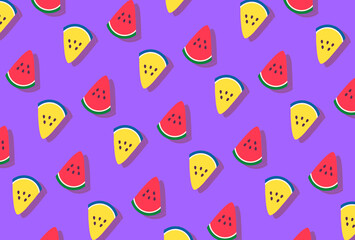 赤と黄　可愛いスイカ　パターン　背景紫
